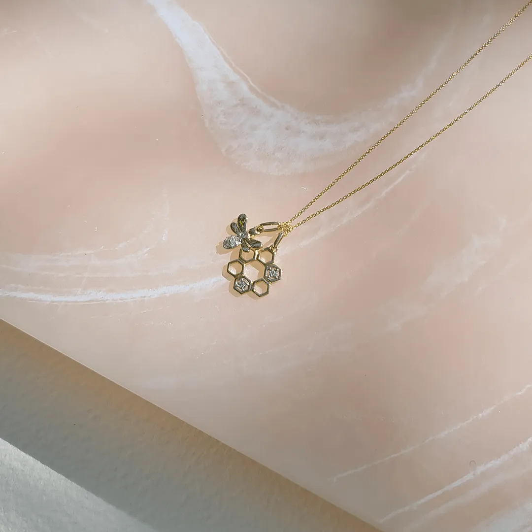 0.05ct TW Diamond Bumble Bee & Honeycomb Pendant in 9ct Yellow Gold