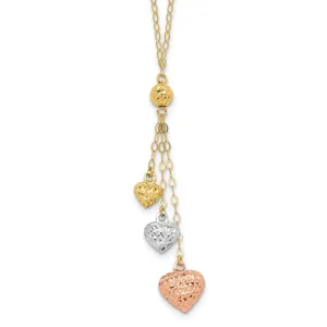 14k Tri-color Puff Heart Lariat Necklace