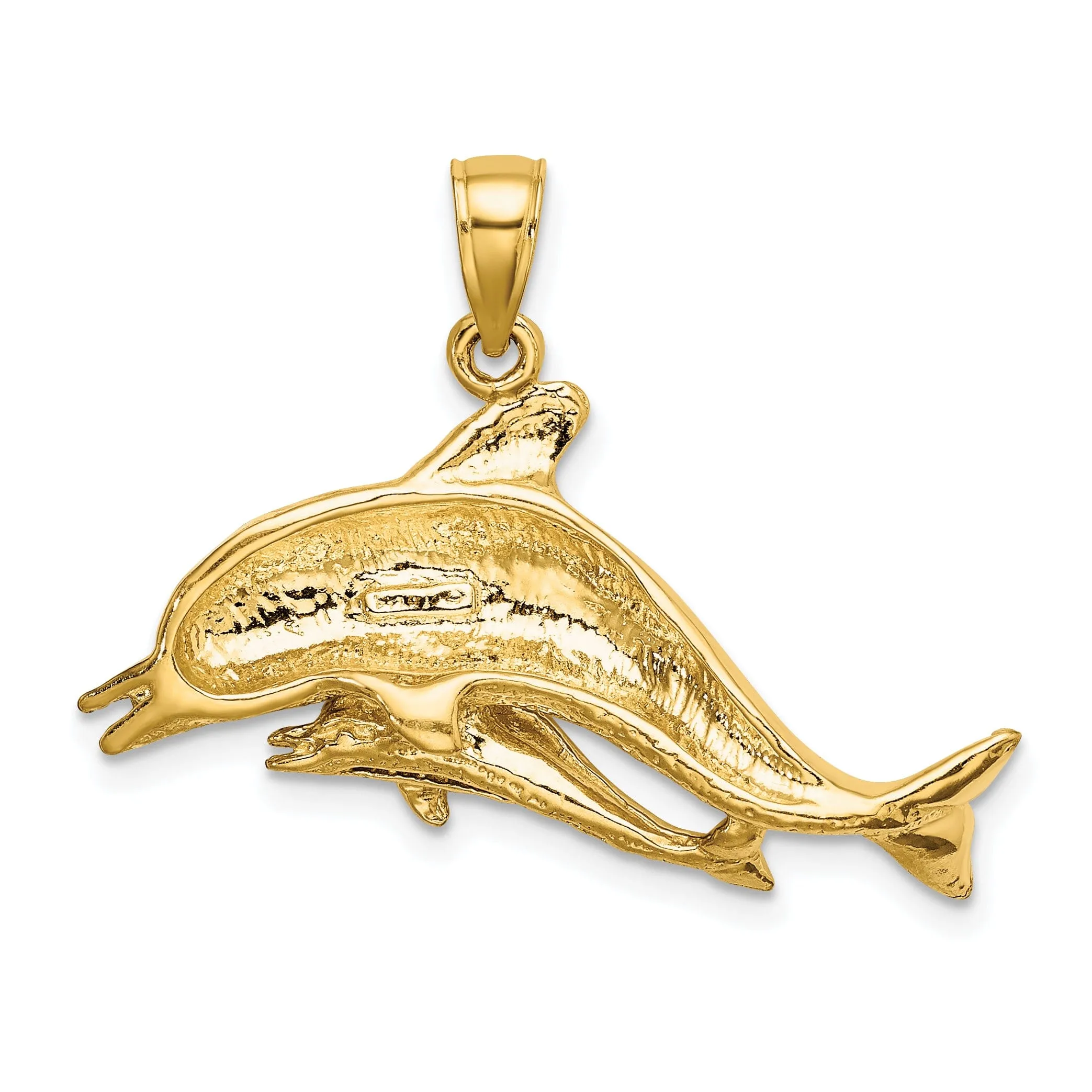 14K Yellow Gold Textured Polished Finish 2-Dimensional Two Swimming Dolphins Charm Pendant