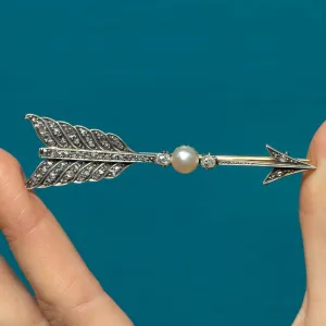 15ct Gold Victorian Diamond Arrow Brooch Natural Pearl 1.17ct, c.1890