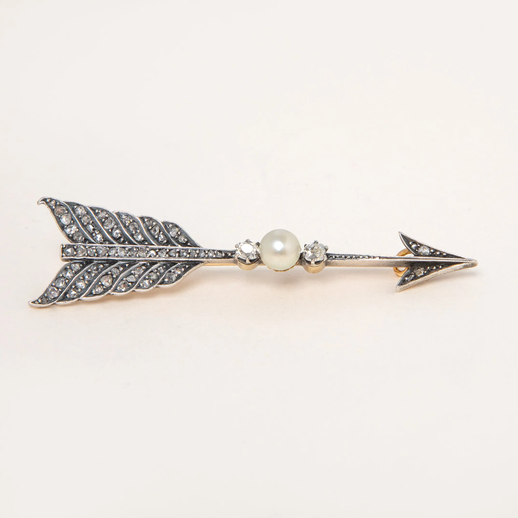 15ct Gold Victorian Diamond Arrow Brooch Natural Pearl 1.17ct, c.1890