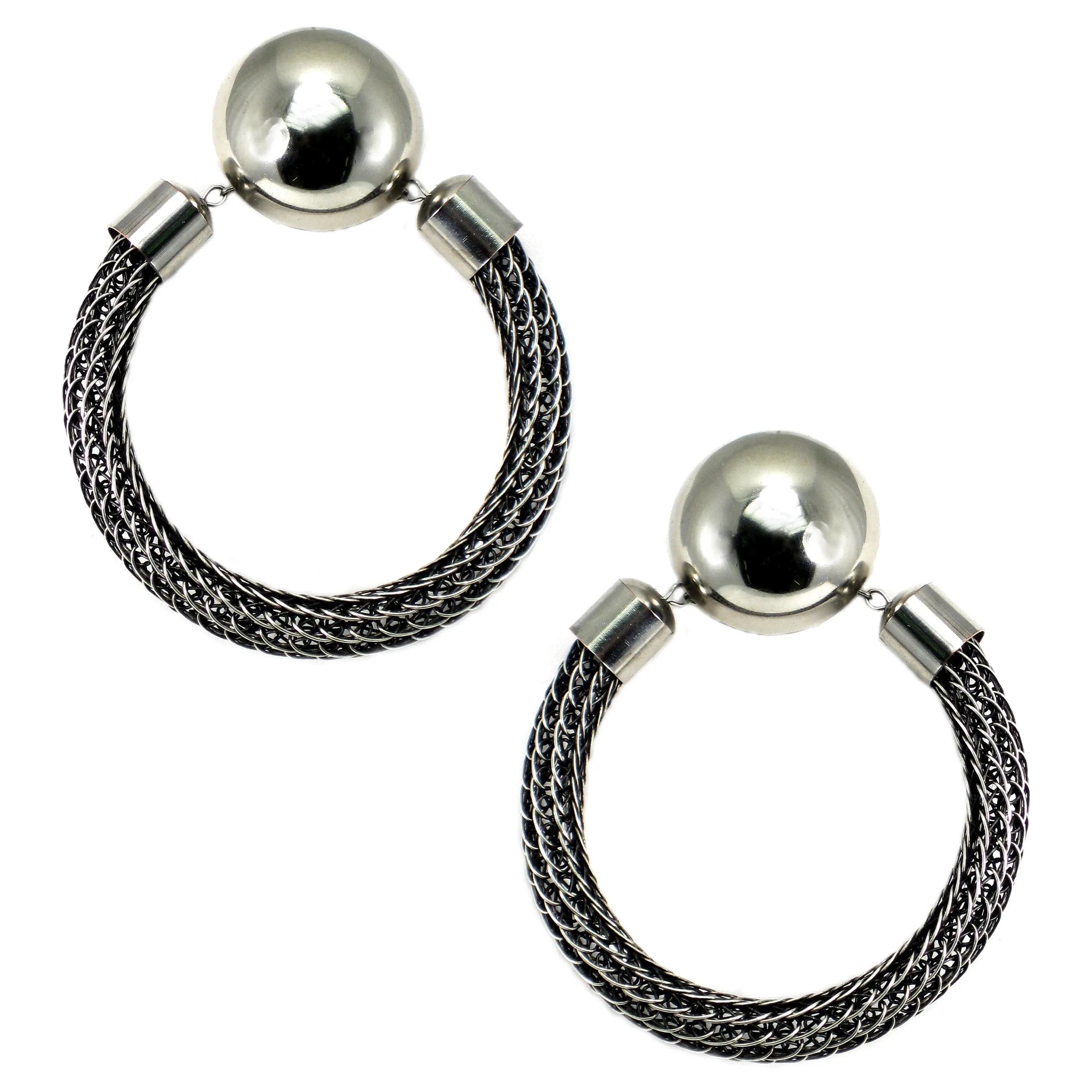 #884e Gunmetal Metal Mesh Hoop Earrings With Silver Button Top