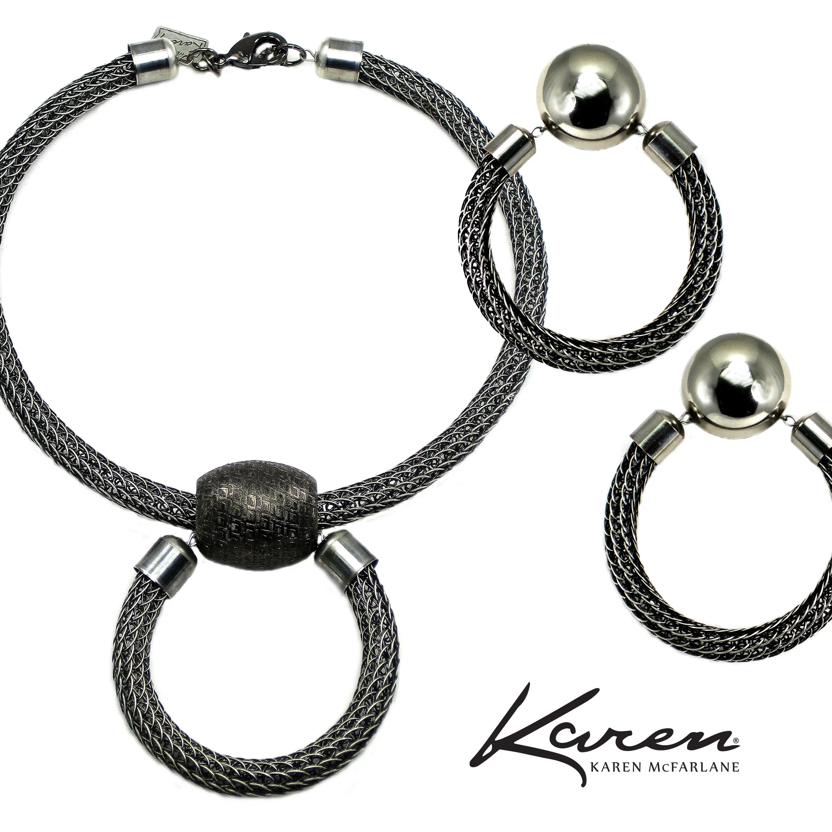 #884e Gunmetal Metal Mesh Hoop Earrings With Silver Button Top