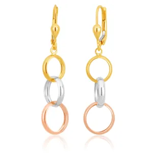 9ct Three Tone Gold Dangling Trio of Hoops Earrings