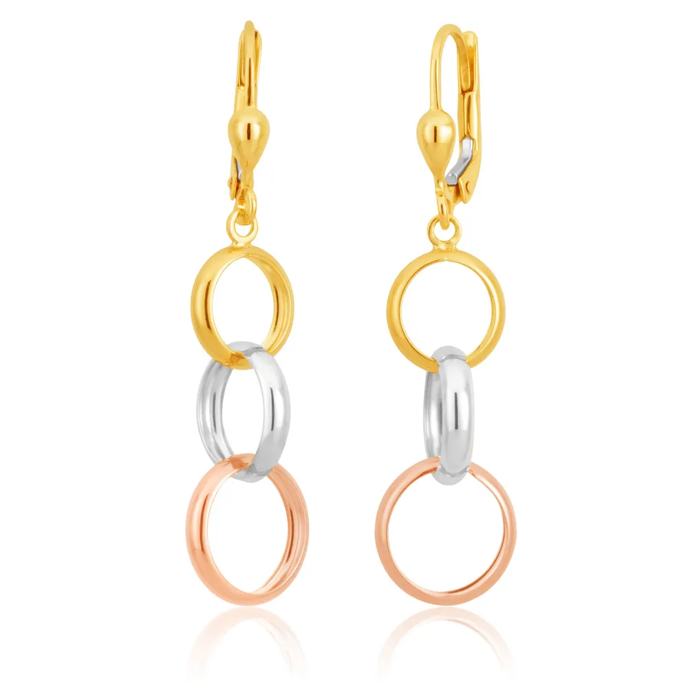 9ct Three Tone Gold Dangling Trio of Hoops Earrings