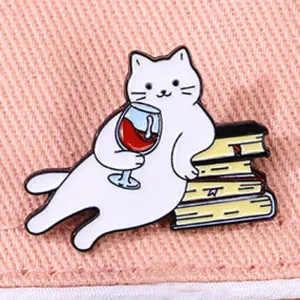 A Good Time - Books Cat Red Wine Enamel Pin