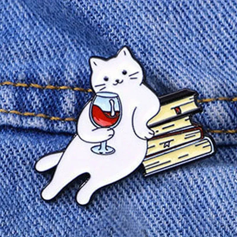 A Good Time - Books Cat Red Wine Enamel Pin