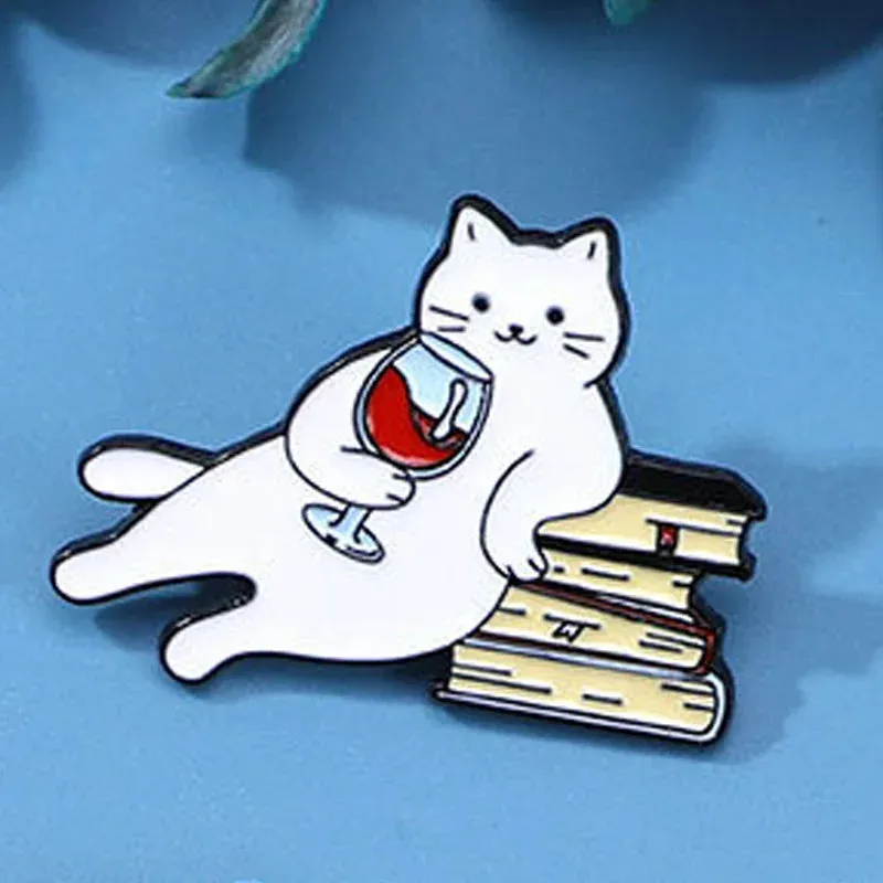 A Good Time - Books Cat Red Wine Enamel Pin