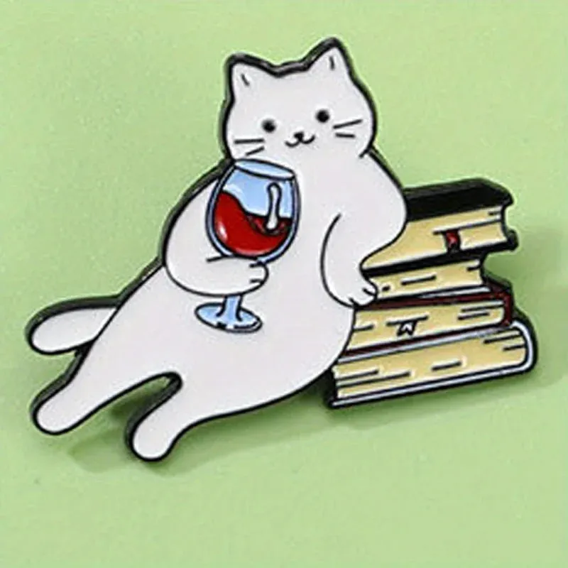 A Good Time - Books Cat Red Wine Enamel Pin