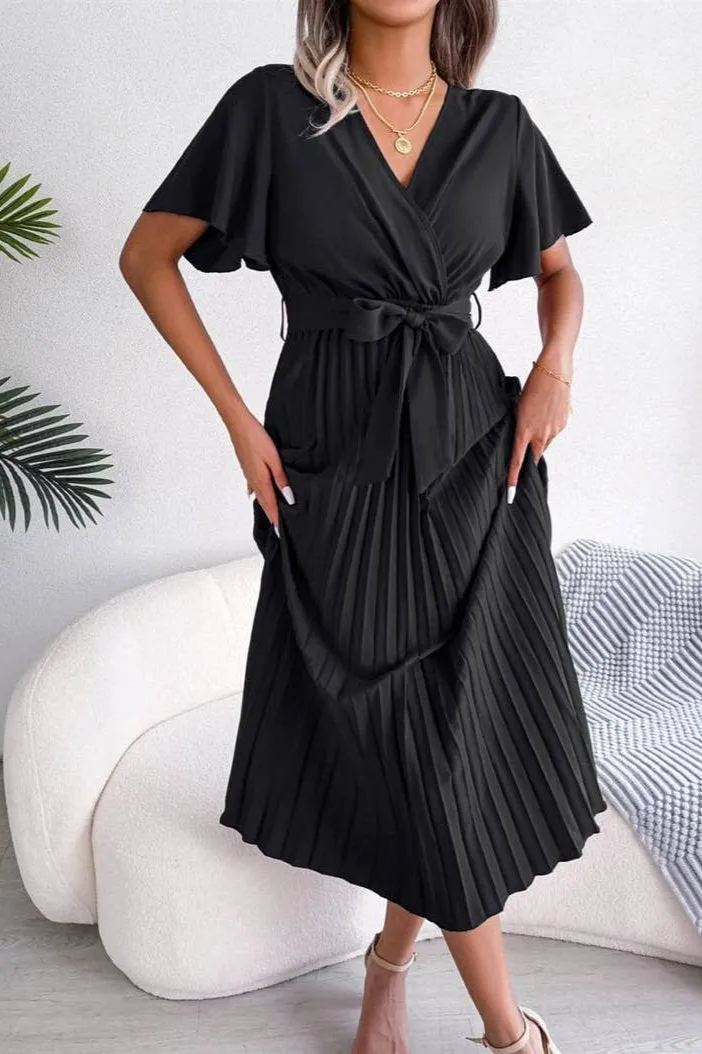 Anna Kaci Flutter Sleeve Pleated Wrap Dress