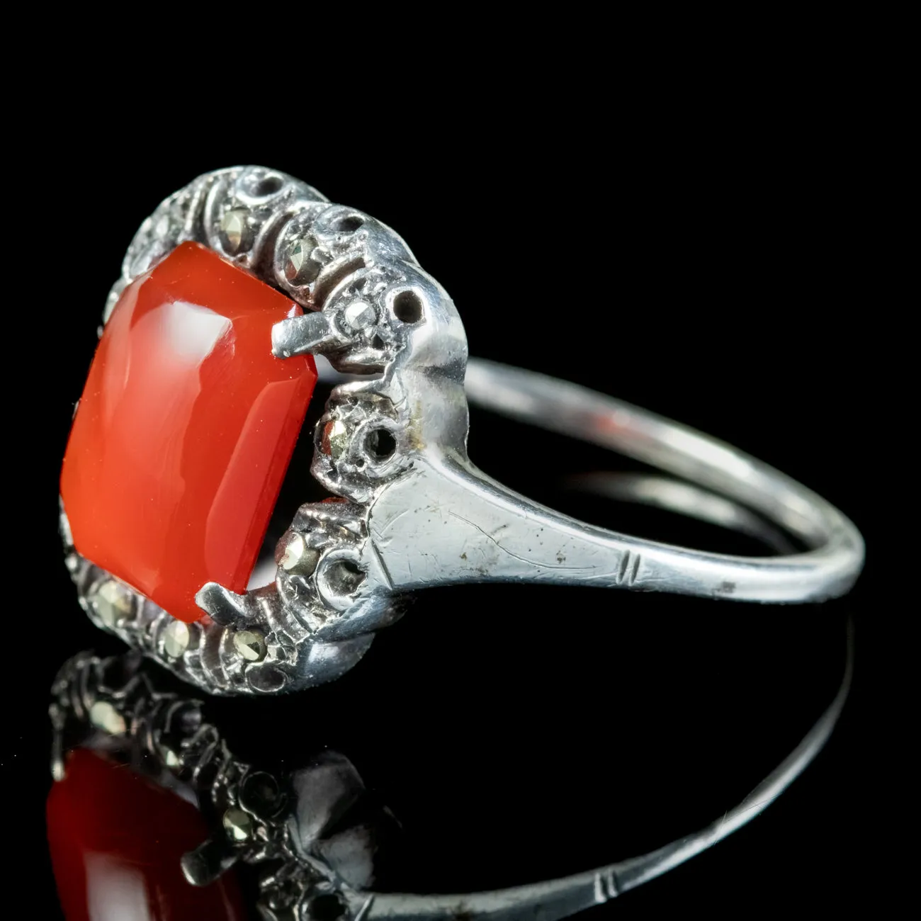 Antique Art Deco Carnelian Marcasite Ring 3ct Carnelian