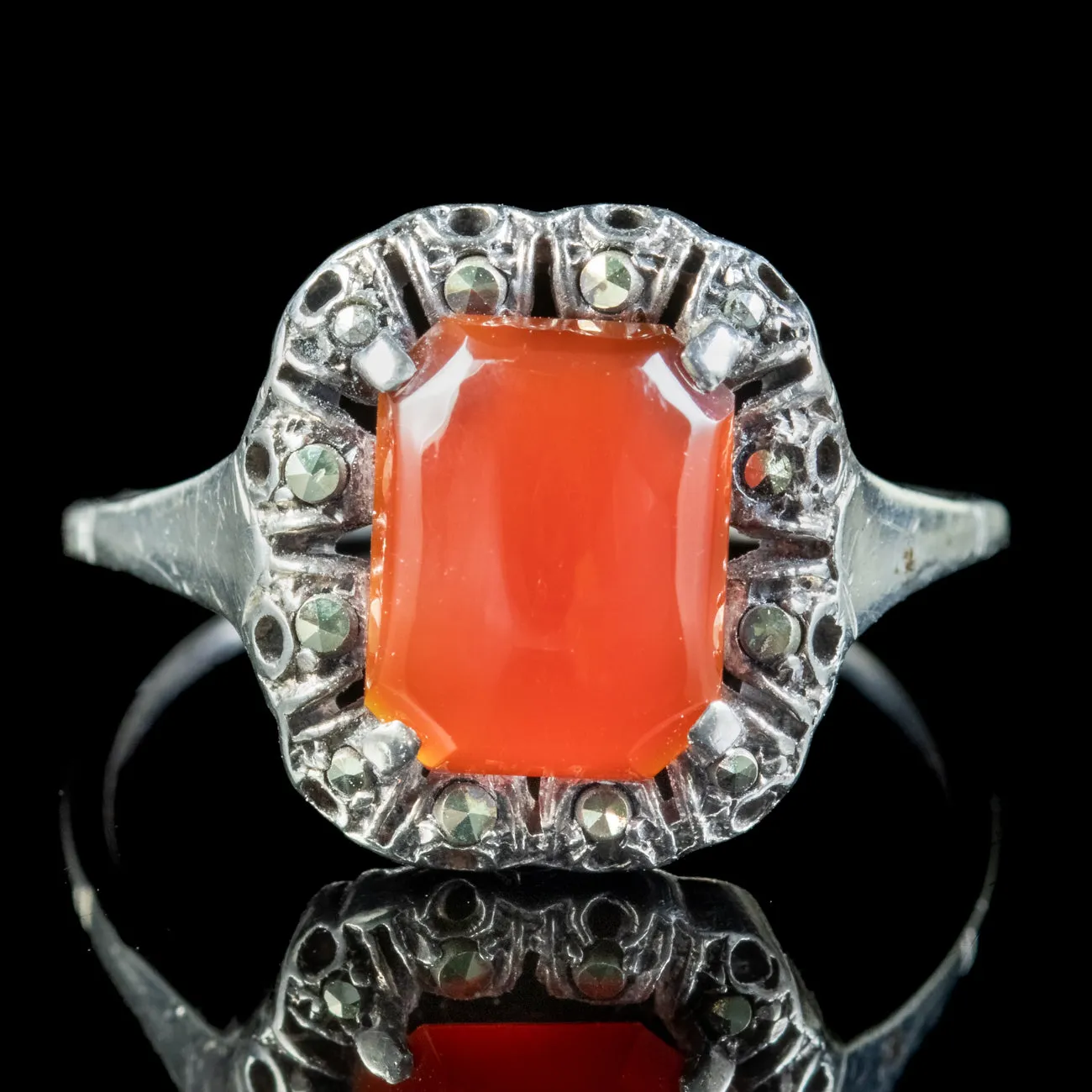 Antique Art Deco Carnelian Marcasite Ring 3ct Carnelian