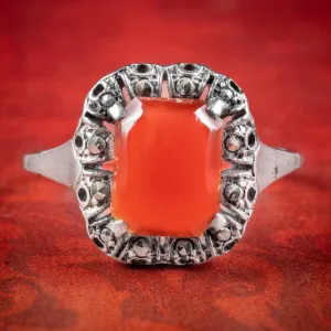 Antique Art Deco Carnelian Marcasite Ring 3ct Carnelian