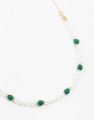 Beaded Circular Pearl & Green Beads Necklace