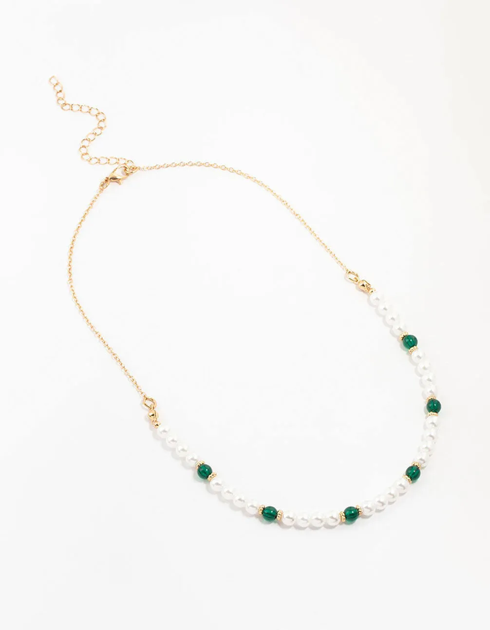 Beaded Circular Pearl & Green Beads Necklace