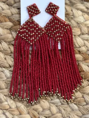 Beaded Diamond Tassel Earrings in Burgundy