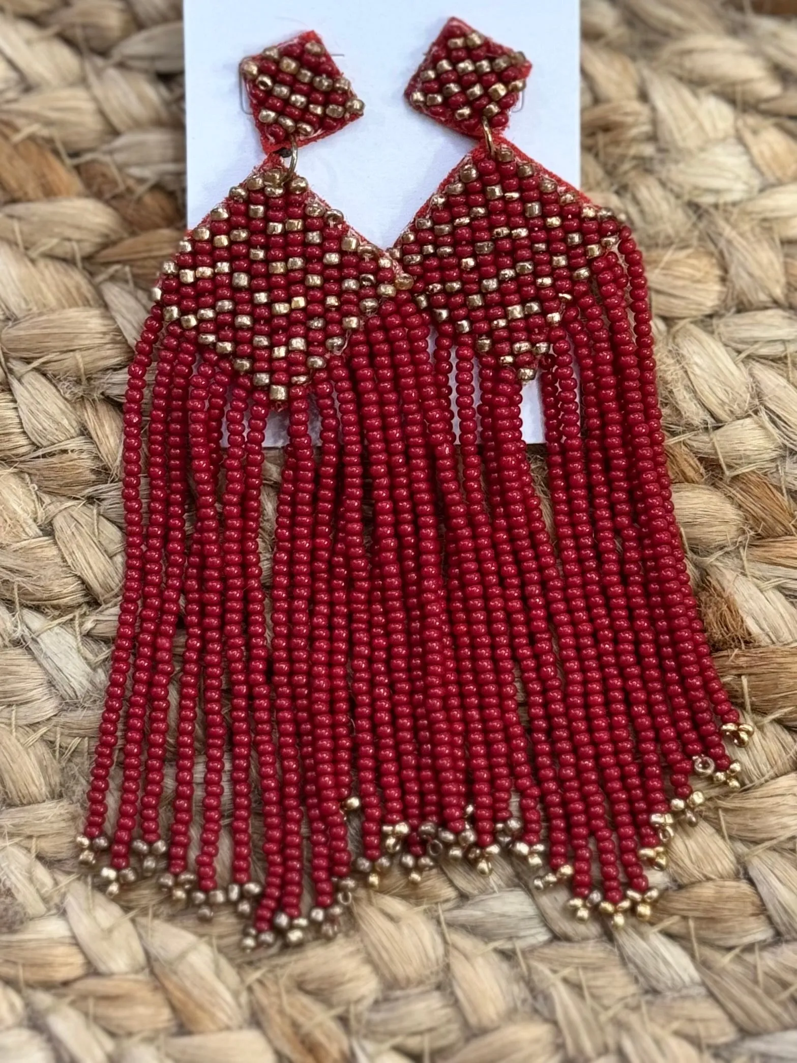 Beaded Diamond Tassel Earrings in Burgundy