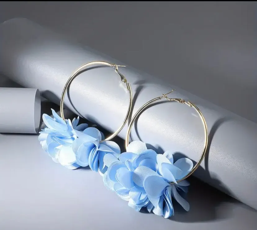 Blue Chic Fabric Flower Hoop Earrings