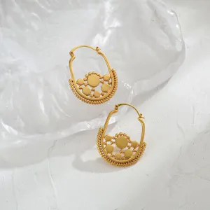 Boho Chic Gold Hoop Earrings with Intricate Tribal Design jlt11760