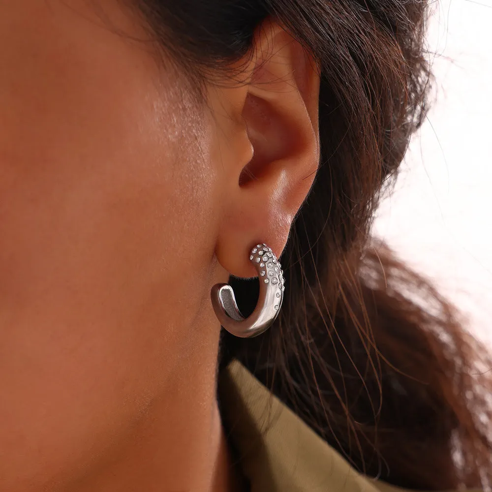 Chic Titanium Steel C-shaped Earrings with Micro Inlay Geometric Design