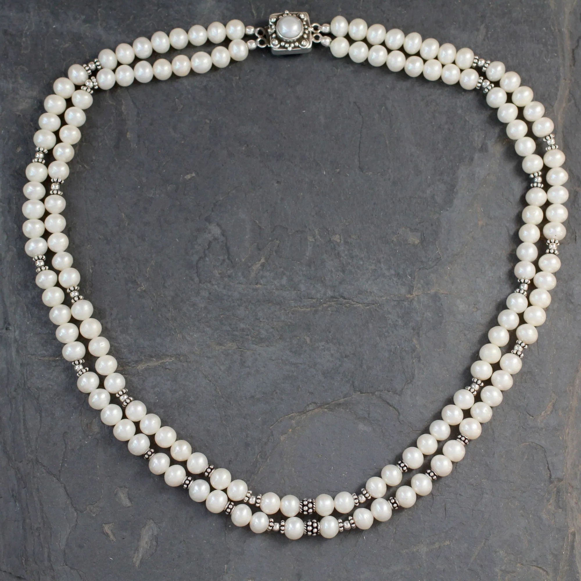 Cloud Song Handmade Double Pearl Strand Silver Necklace from India