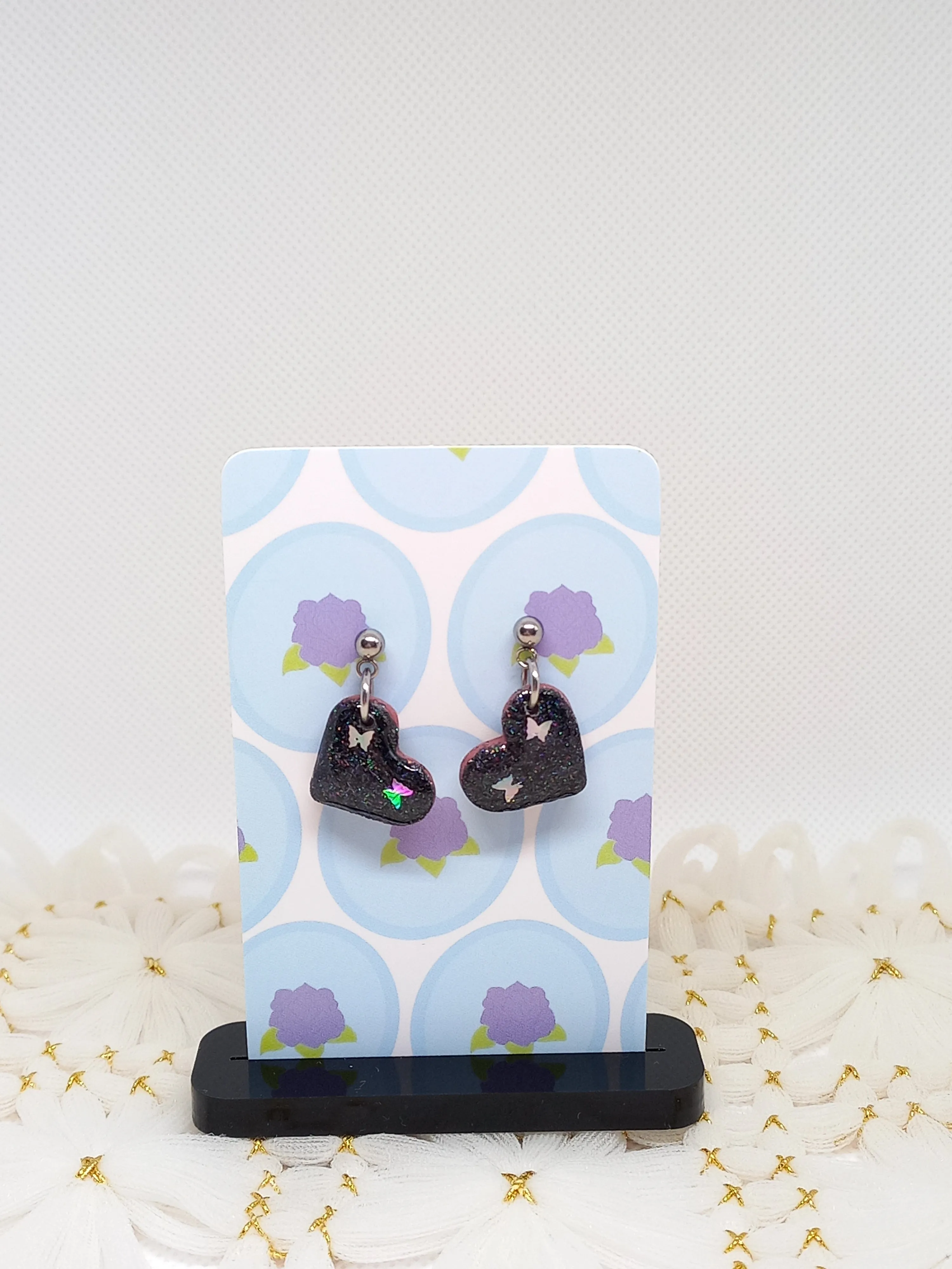 Dark Blue Glittery Heart Earrings | Sparkles Collection