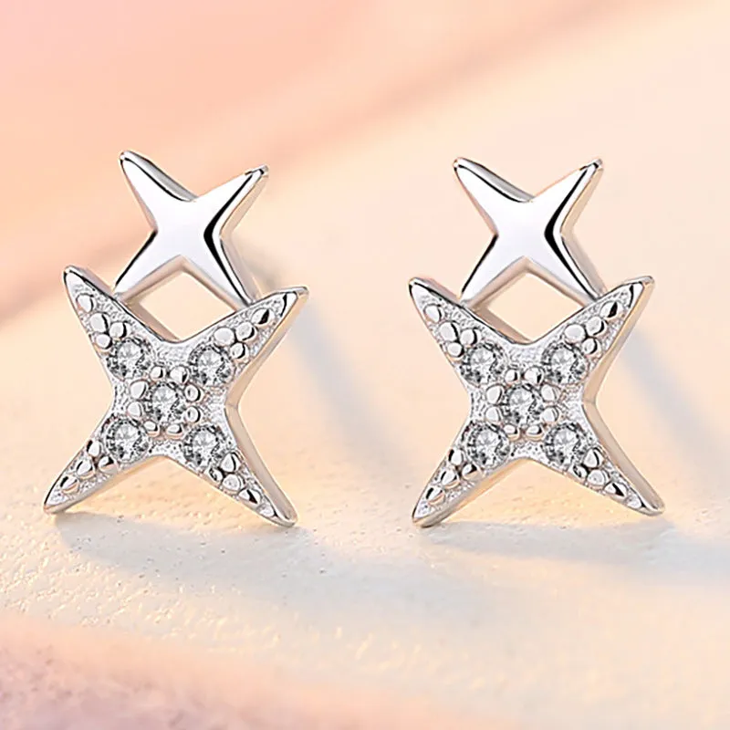 Double Cross Star Silver Studs Earrings for Women