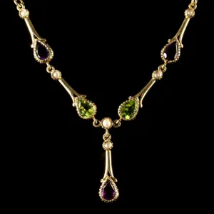 Edwardian Suffragette Style Lavaliere Necklace Amethyst Peridot Pearl 9Ct Gold