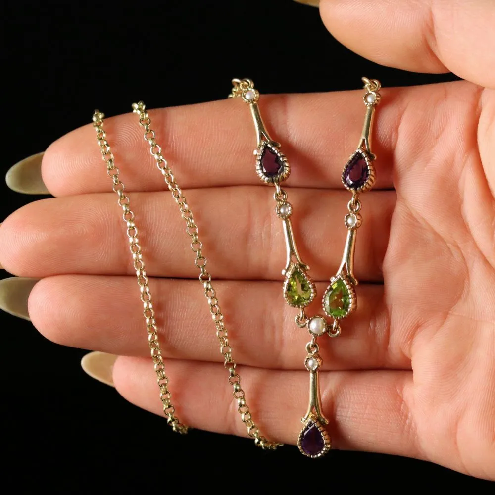 Edwardian Suffragette Style Lavaliere Necklace Amethyst Peridot Pearl 9Ct Gold