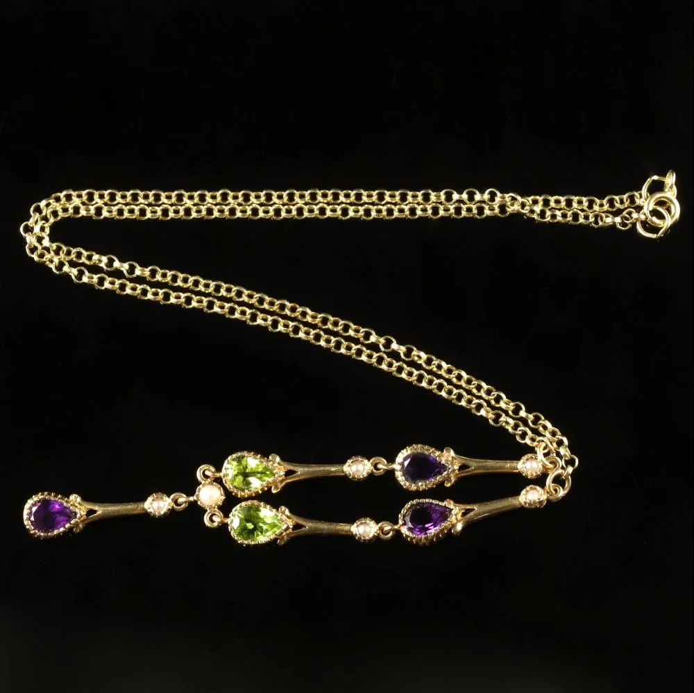 Edwardian Suffragette Style Lavaliere Necklace Amethyst Peridot Pearl 9Ct Gold