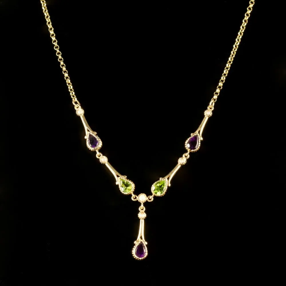 Edwardian Suffragette Style Lavaliere Necklace Amethyst Peridot Pearl 9Ct Gold