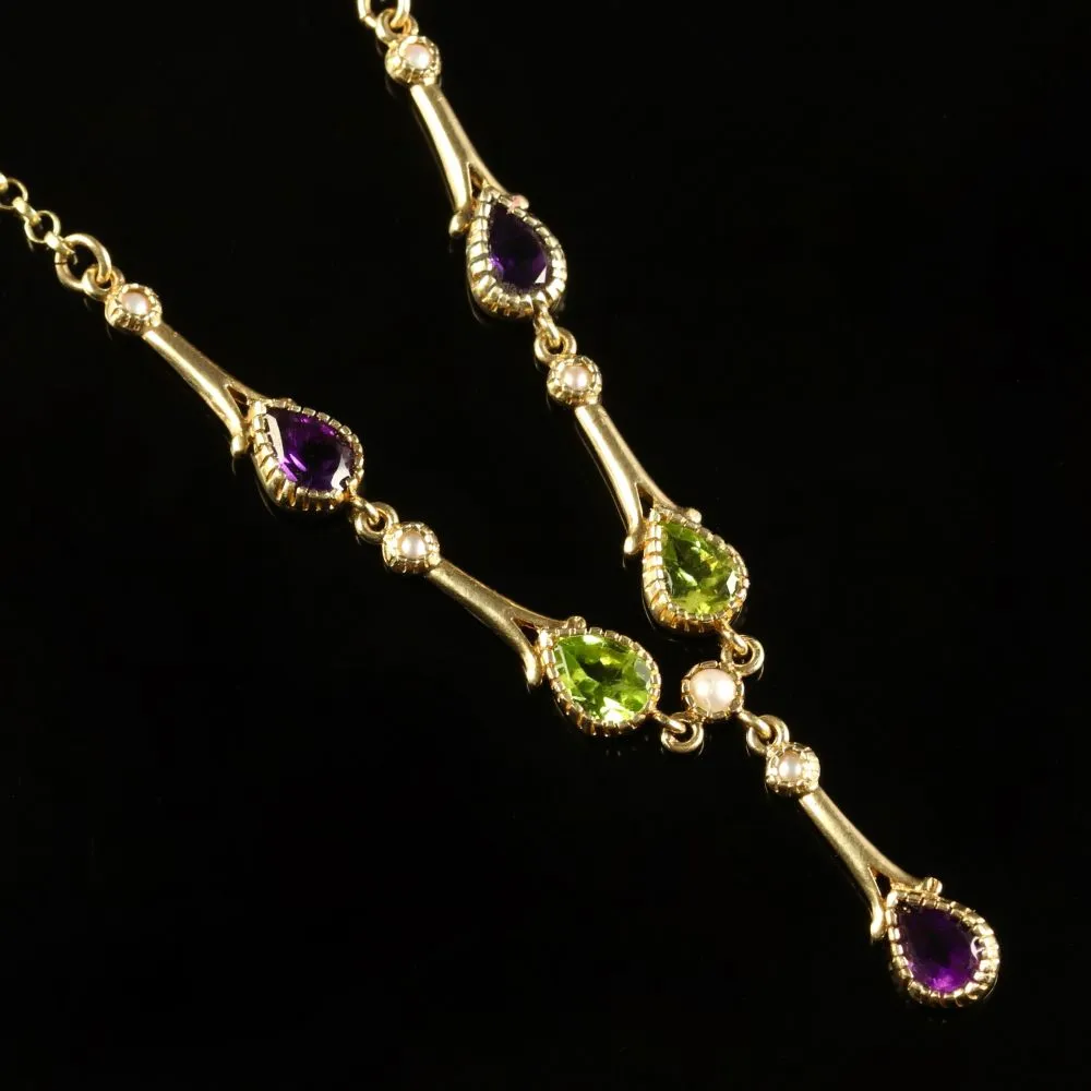 Edwardian Suffragette Style Lavaliere Necklace Amethyst Peridot Pearl 9Ct Gold