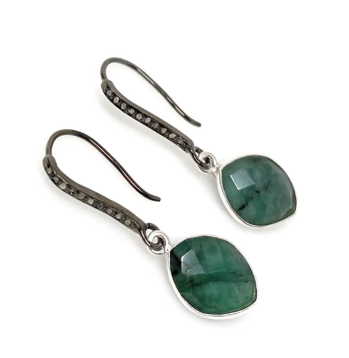 Emerald & Diamond Pave Sterling Silver Earrings with Chic Black Rhodium Finish