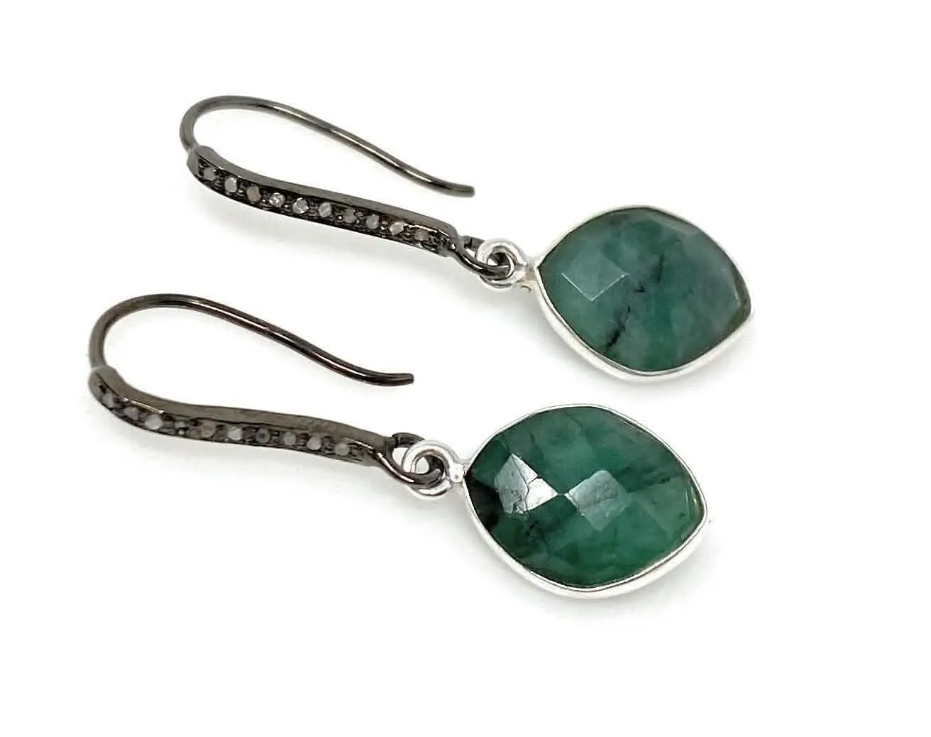 Emerald & Diamond Pave Sterling Silver Earrings with Chic Black Rhodium Finish