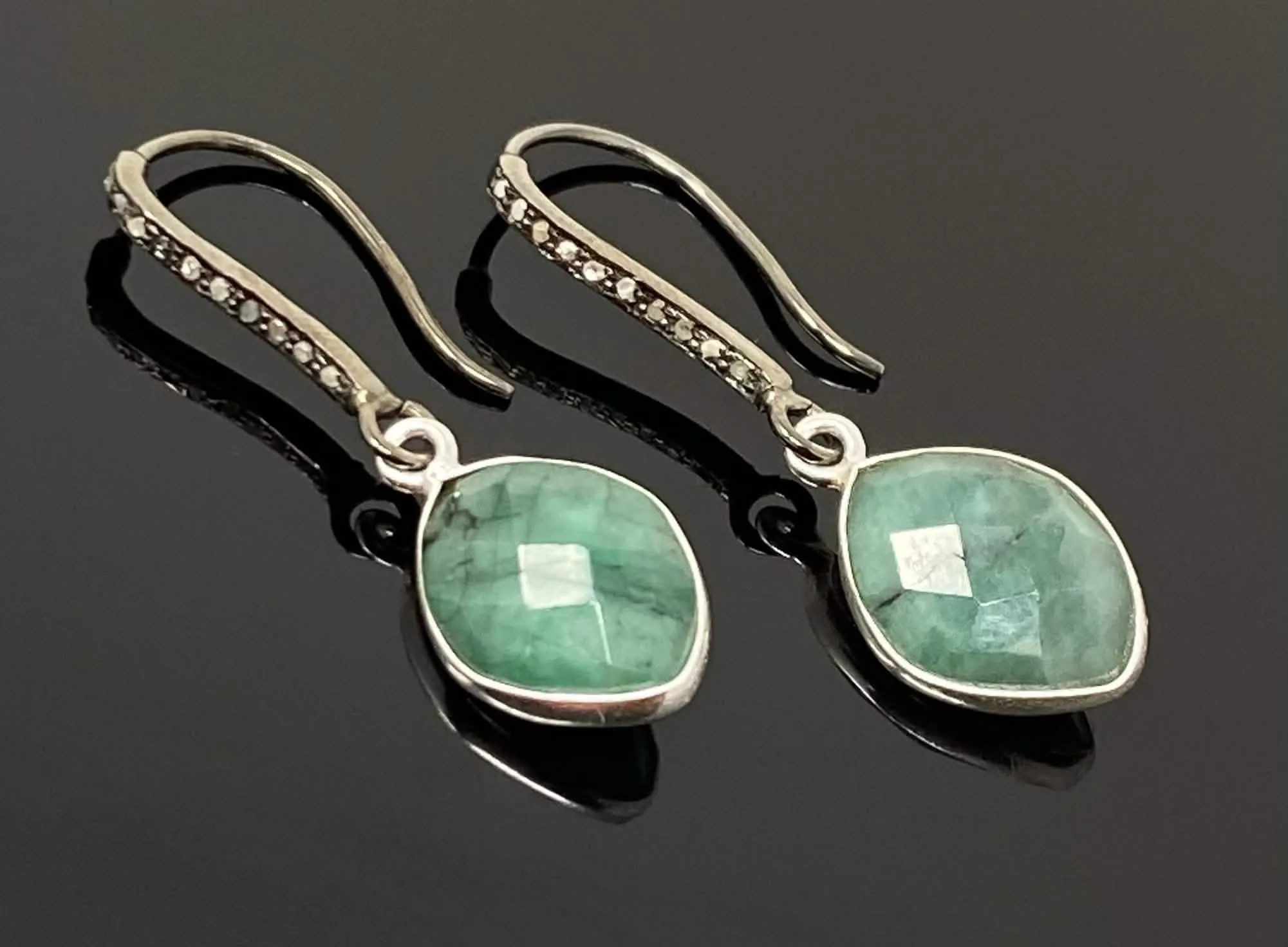 Emerald & Diamond Pave Sterling Silver Earrings with Chic Black Rhodium Finish