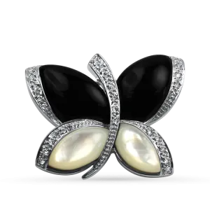 Estate 14k White Gold Moonstone, Diamond, & Onyx Butterfly Brooch