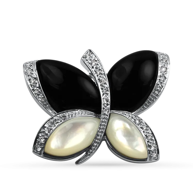 Estate 14k White Gold Moonstone, Diamond, & Onyx Butterfly Brooch