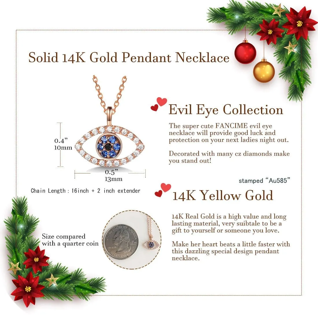 FANCIME Evil Eye 14K Solid Yellow Gold Necklace