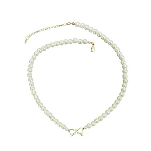 Full Pearl Necklace With Gold Bow Center Charm