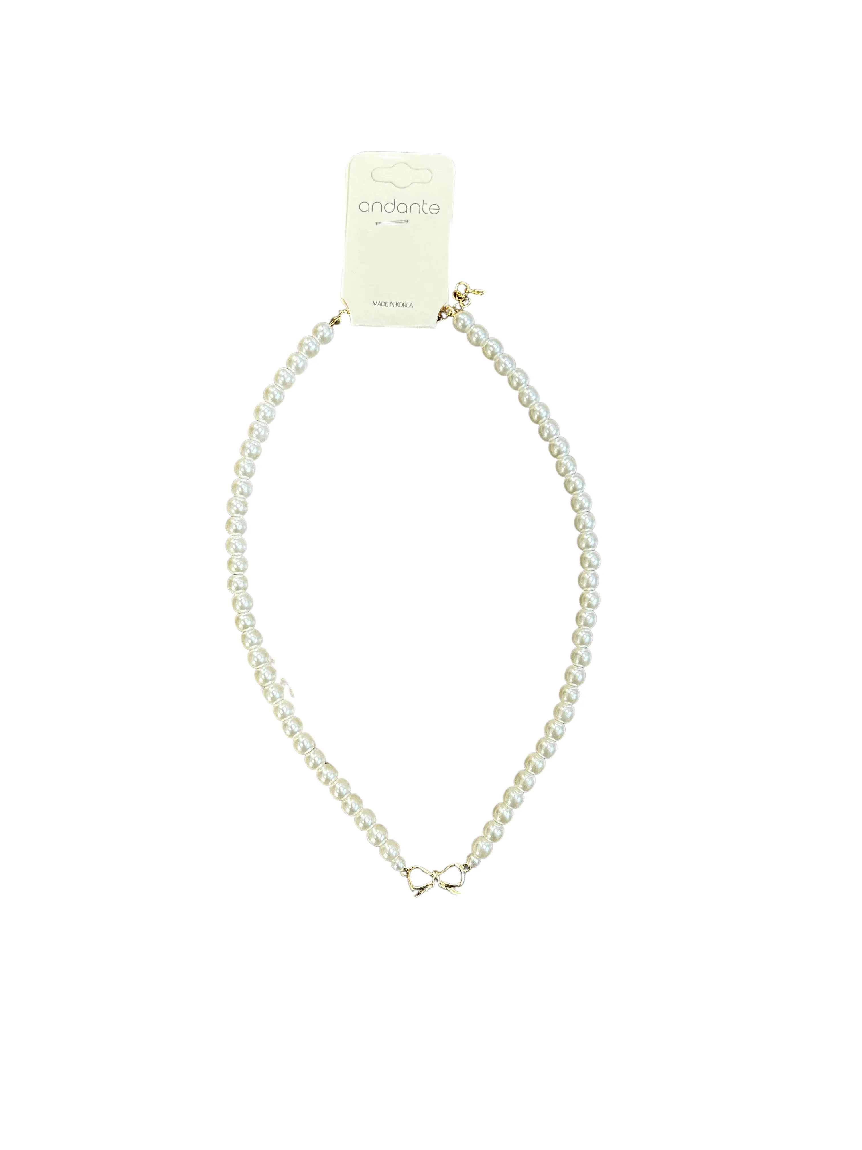 Full Pearl Necklace With Gold Bow Center Charm