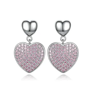 Full Pink Zircon Heart Silver Drop Earrings for Women