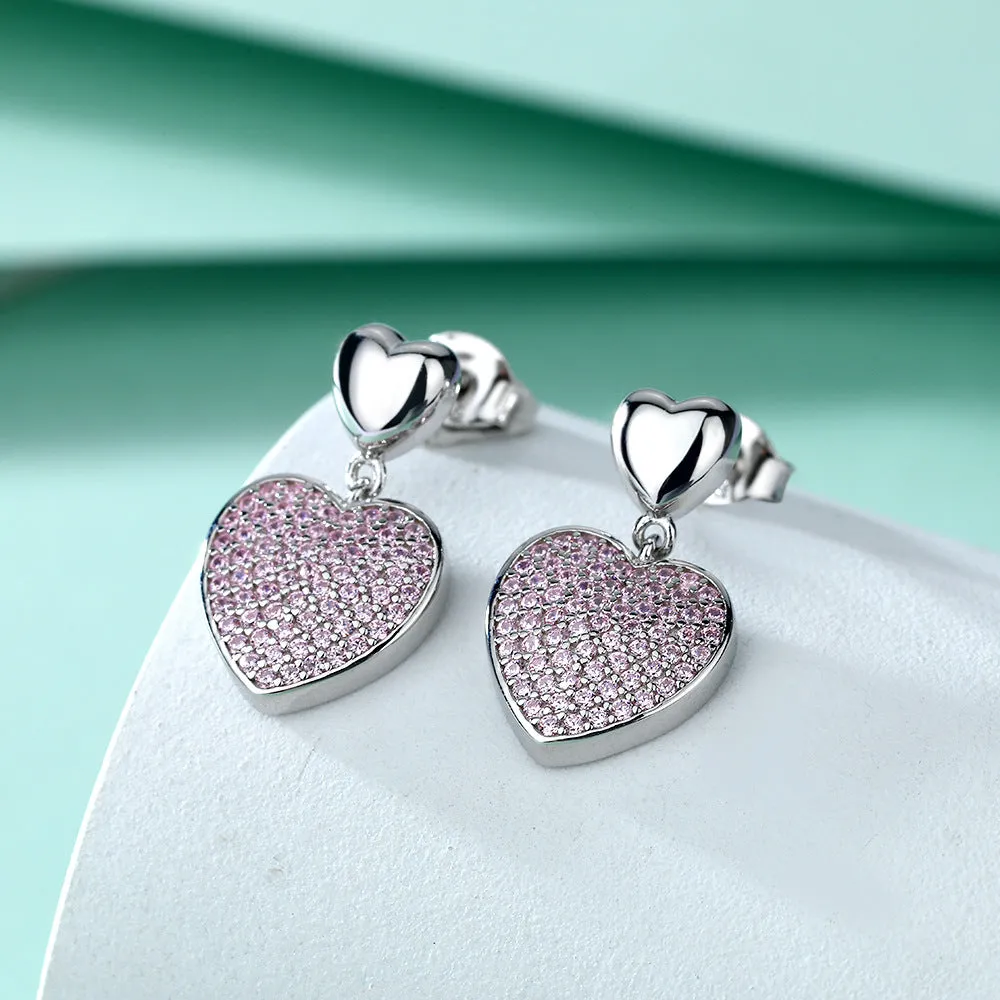 Full Pink Zircon Heart Silver Drop Earrings for Women