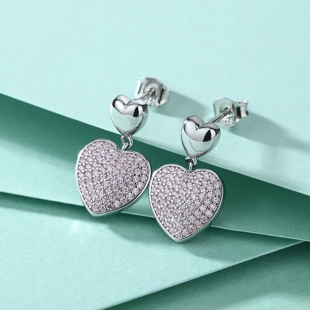 Full Pink Zircon Heart Silver Drop Earrings for Women