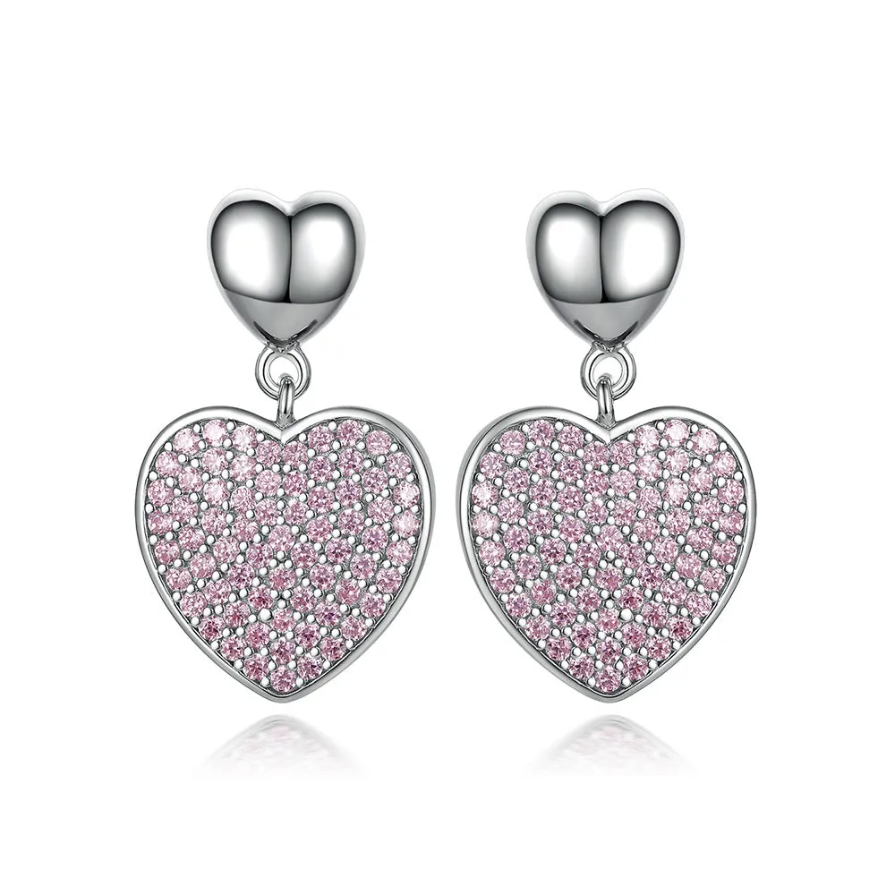 Full Pink Zircon Heart Silver Drop Earrings for Women