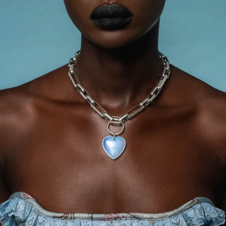 GLOBULAR. Chunky Link Chain Opalite Heart Collar - Silver