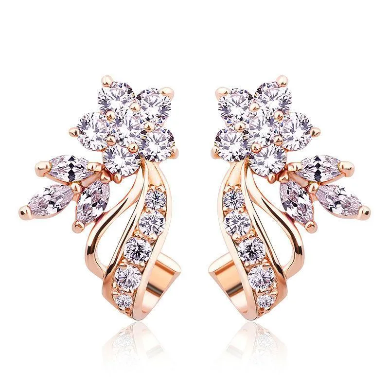 Gold Color with Flower Shape AAA Zircon Stud Earrings