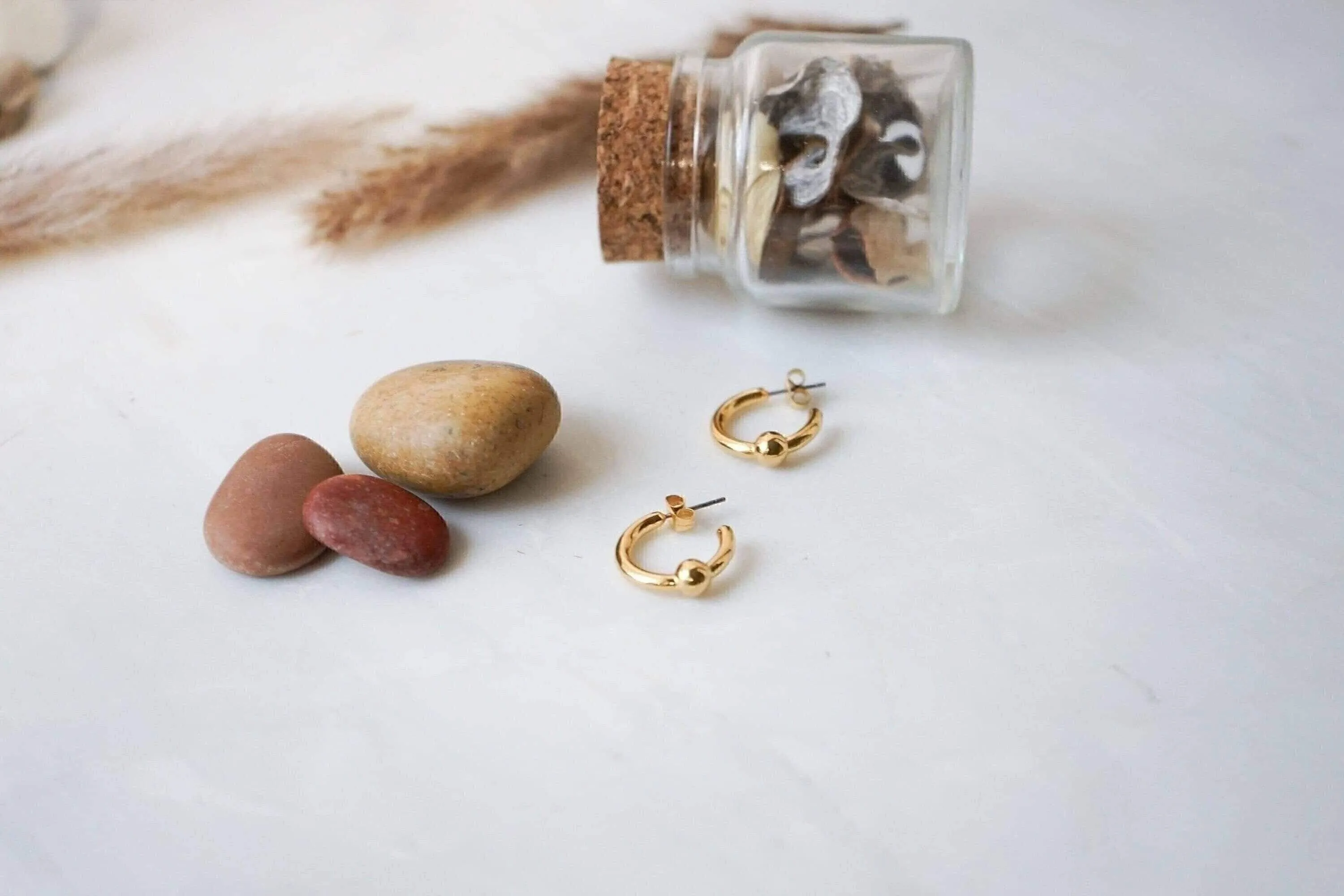 Gold Open Hoop Earrings with One Ball