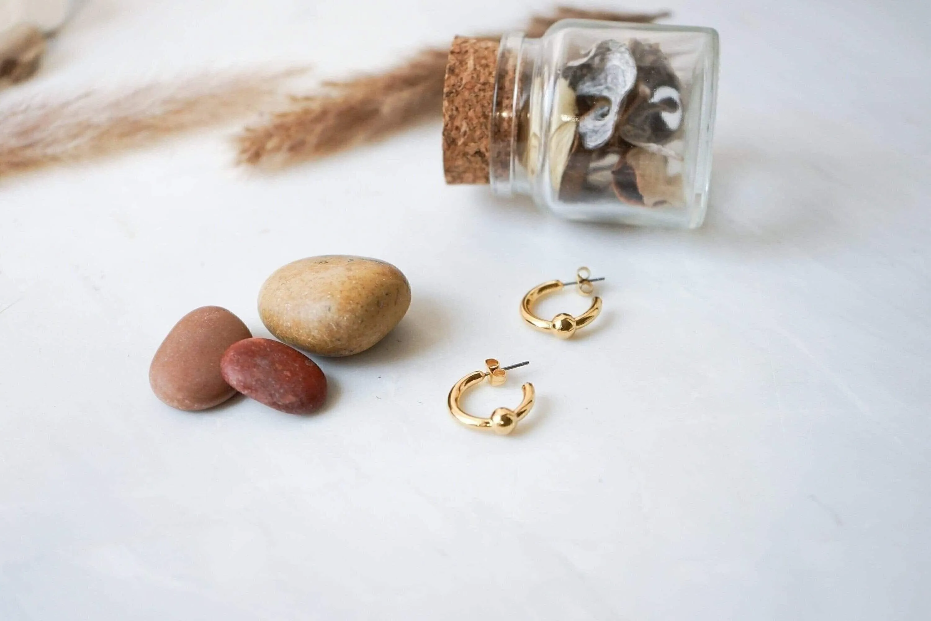 Gold Open Hoop Earrings with One Ball