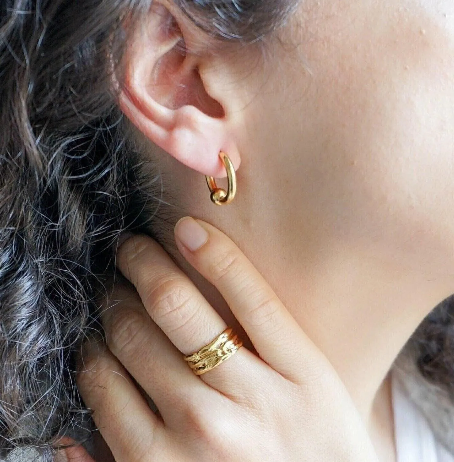 Gold Open Hoop Earrings with One Ball