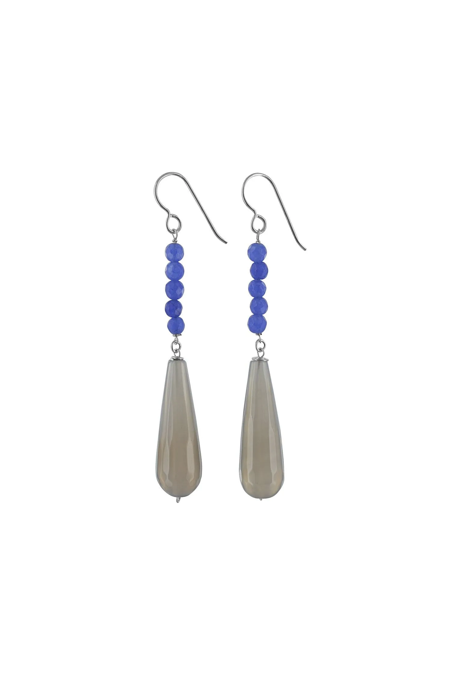 Gray Smokey Agate, Navy Blue Jade Long Earrings